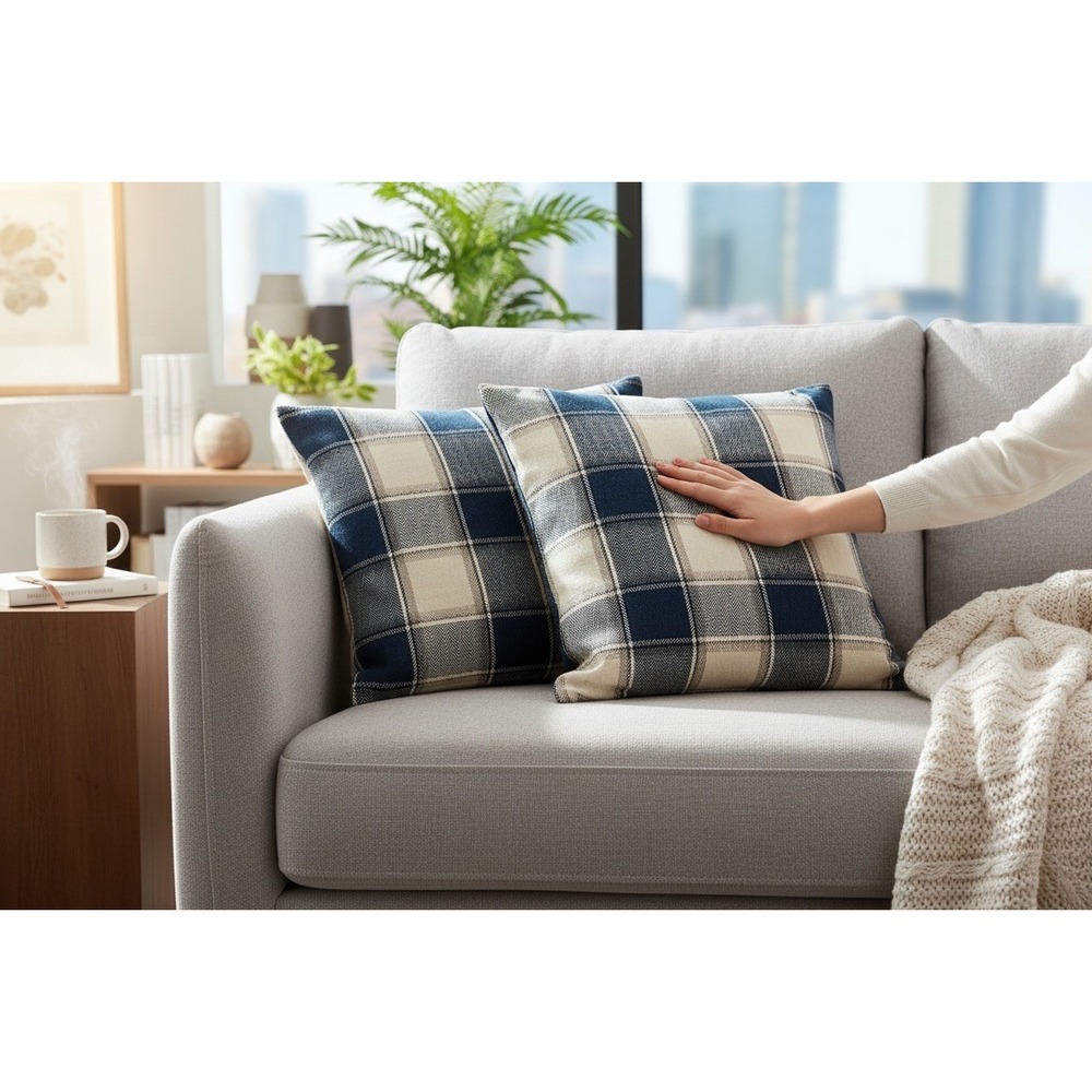 Grandpa Chic Plaid Pillow Covers Set of 2 20x20 Zipper Farmhouse Navy Cream